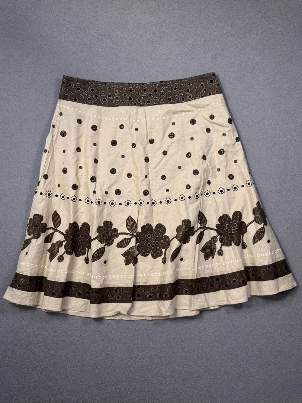Liz Claiborne Vintage Cottagecore Fairy,Cream A-Line Skirt,Brown Floral Trim, 14